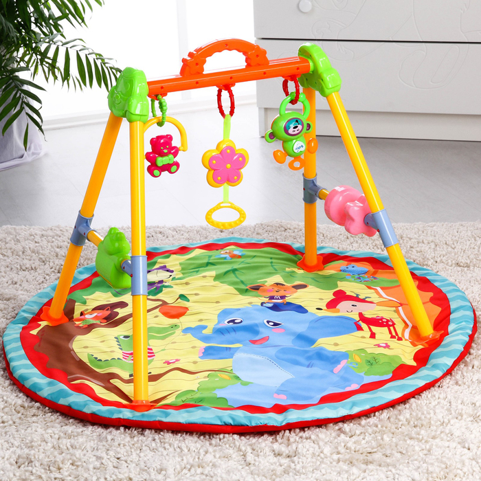 Развивающий коврик с игровой стойкой «Слонёнок и друзья», музыкальная игрушка