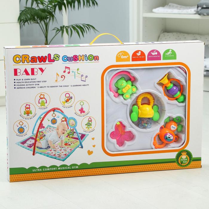 Развивающий коврик с дугами «Черепашка», 5 игрушек + безопасное зеркальце