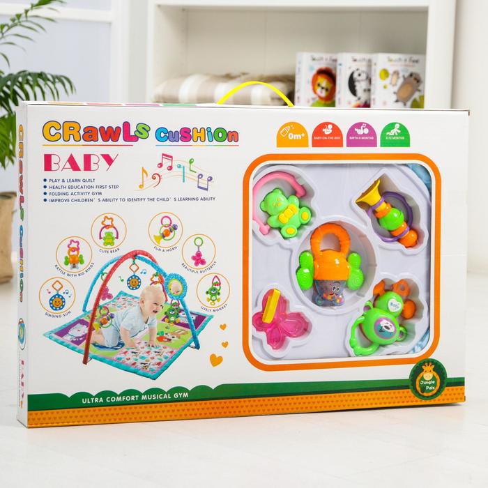 Развивающий коврик с дугами «Ёжик и друзья», 5 игрушек + безопасное зеркальце