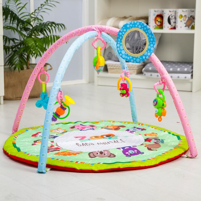 Развивающий коврик с дугами «Весёлые животные», 5 игрушек + безопасное зеркальце