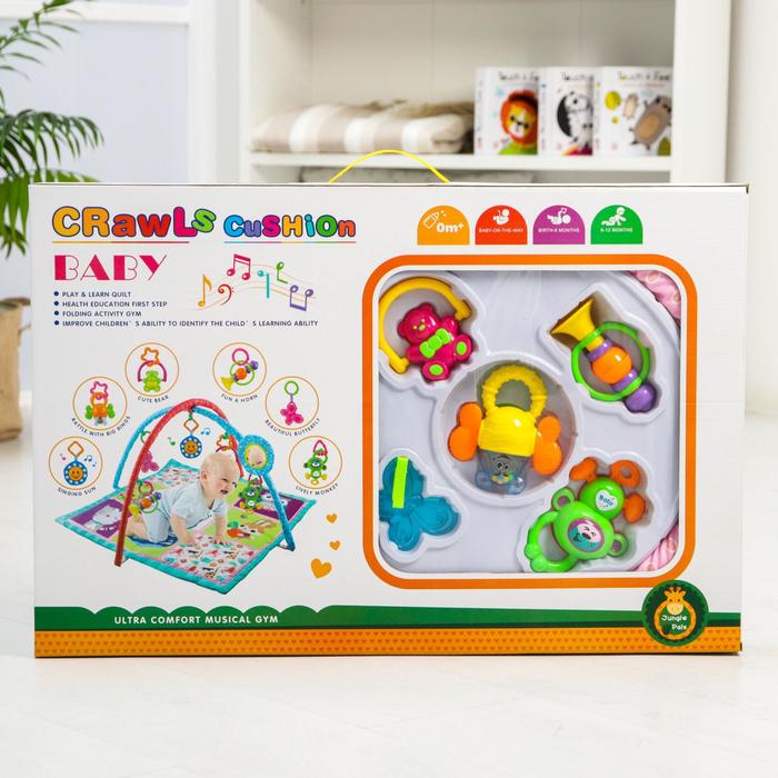 Развивающий коврик с дугами «Весёлые животные», 5 игрушек + безопасное зеркальце