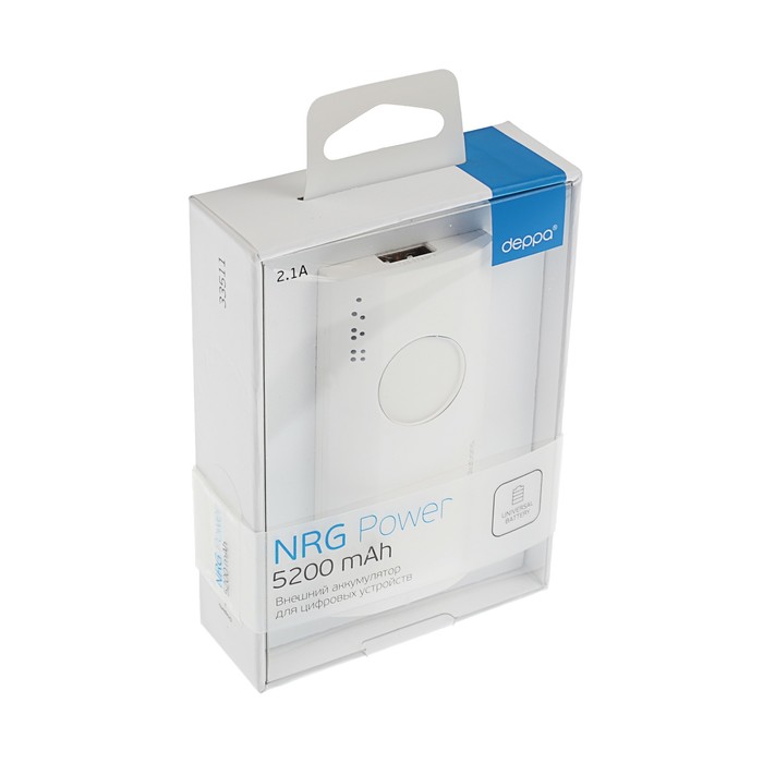 Аккумулятор внешний Deppa NRG Power, 5200 мАч, 2.1A, Li-ion, белый