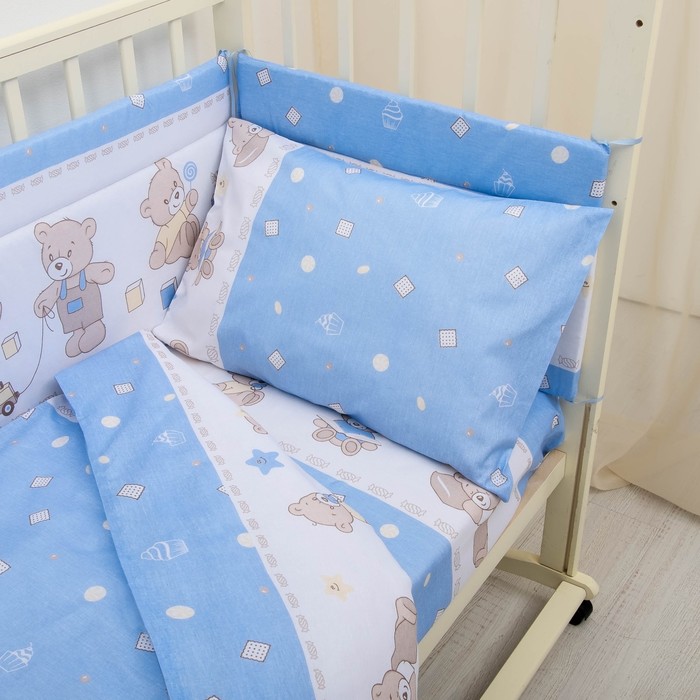 Детское постельное бельё "Мишка", 100х150, 110х140, 40х60, цвет голубой, бязь хл100%