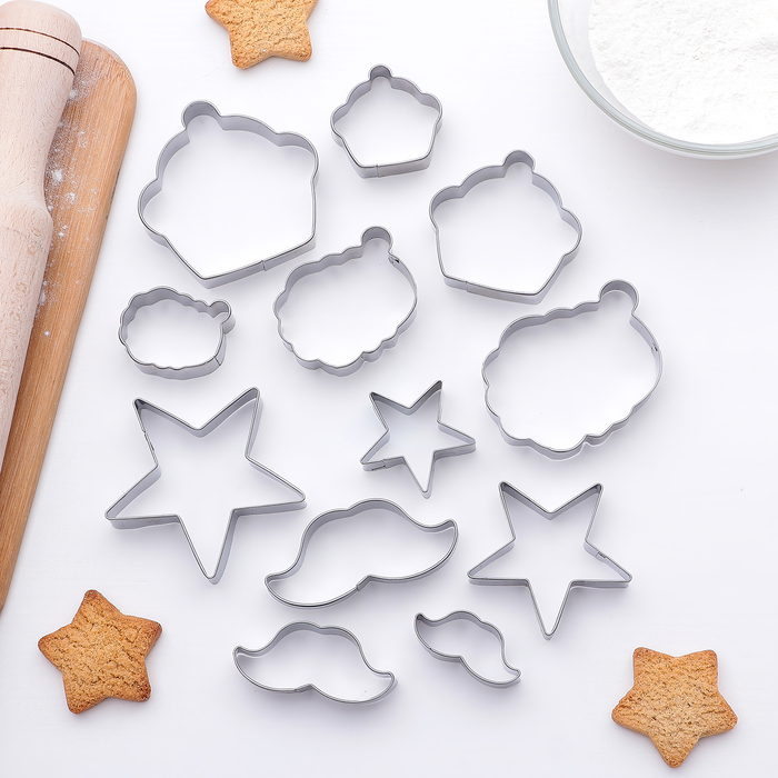 Набор форм для вырезания печенья 6х6х1,5 см "Звезда,усы,облако,капкейк", 12 шт