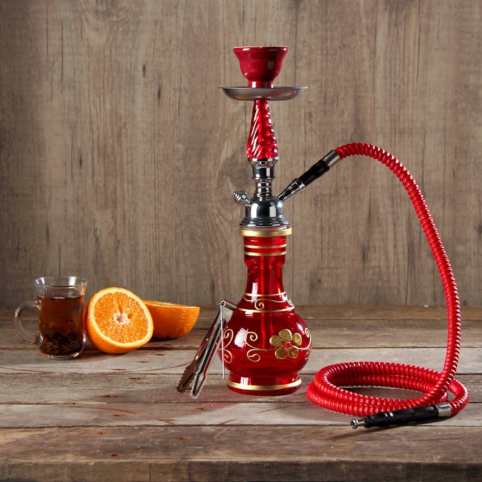 Кальян 38см 1тр колба ваза красный с узором золото, шахта оранж вытянутая, 11*35см