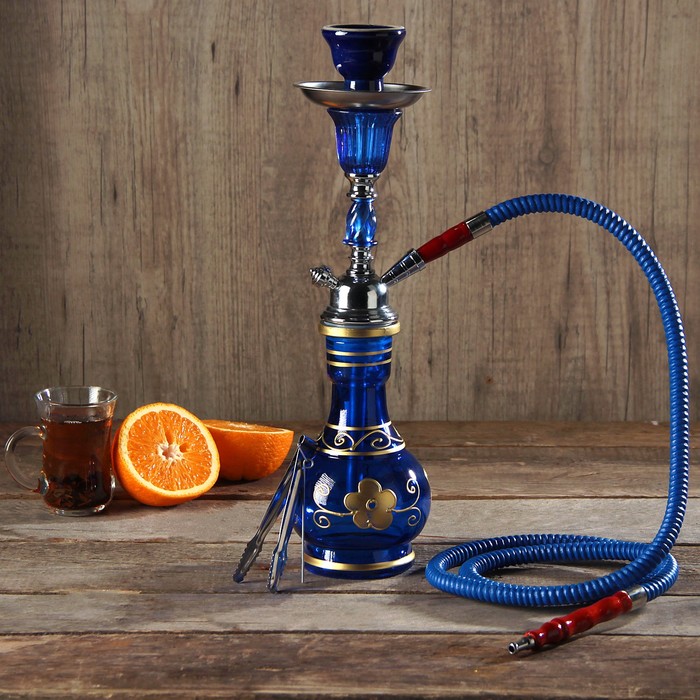 Кальян 39см 1тр колба ваза синий с узором золото, шахта синяя, 11*35см