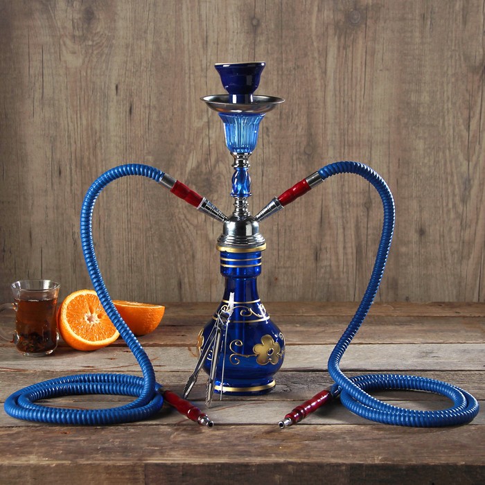 Кальян 38см 2тр колба ваза синий с узором золото, шахта синяя, 11*35см