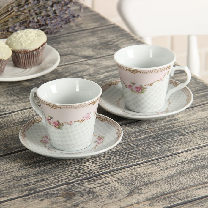 Набор чайный "Мари", 4 предмета: 2 кружки 10,8х7,5 см, 2 блюдца 12,5 см, цвет розовый