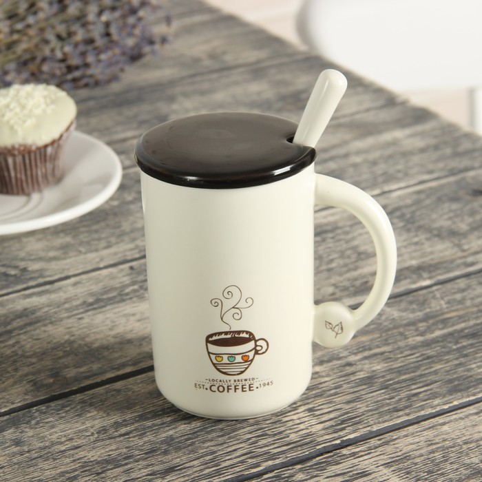 Кружка 280 мл "Перо", с керамической крышкой, рисунок МИКС