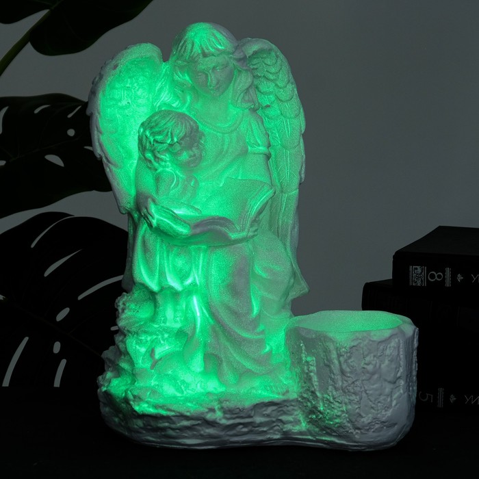 Светящееся фигурное кашпо "Дева ангел с ребенком" бело-золотое 35см