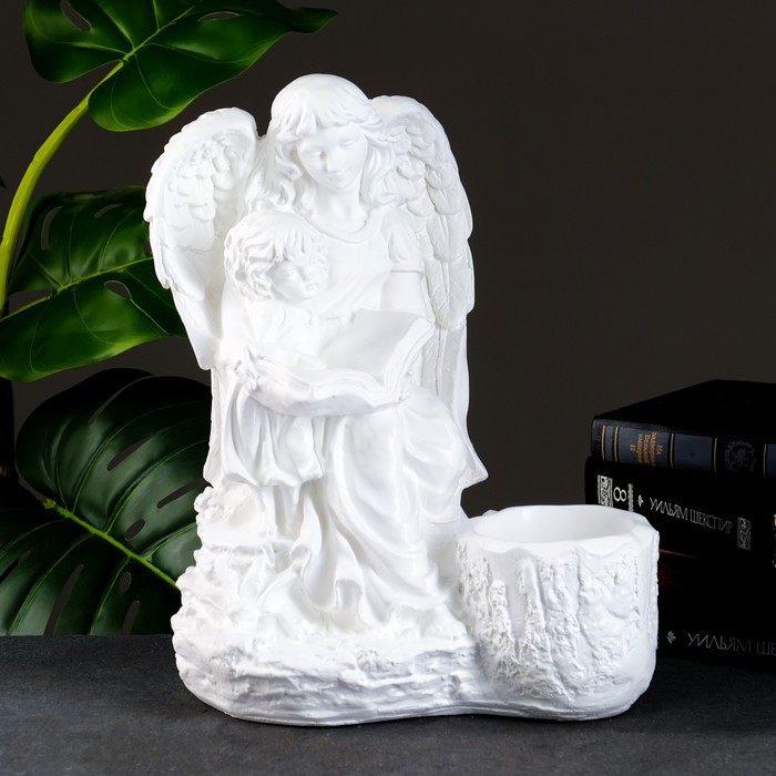 Светящееся фигурное кашпо "Дева ангел с ребенком" бело-золотое 35см