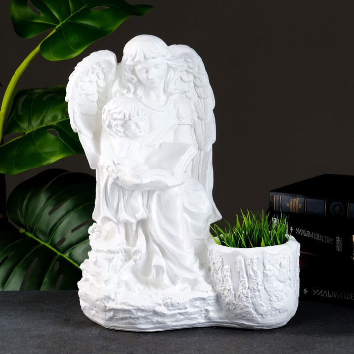 Светящееся фигурное кашпо "Дева ангел с ребенком" бело-золотое 35см