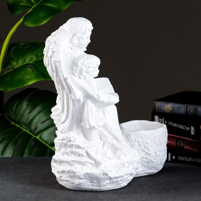 Светящееся фигурное кашпо "Дева ангел с ребенком" бело-золотое 35см