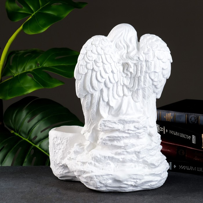 Светящееся фигурное кашпо "Дева ангел с ребенком" бело-золотое 35см