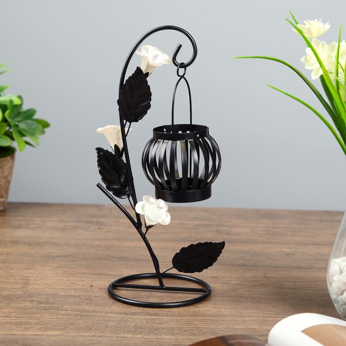 Подсвечник металл на 1 свечу "Белые колокольчики" чёрный 26х12х10,3 см