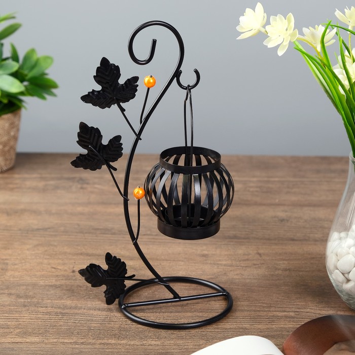 Подсвечник металл на 1 свечу "Кленовые листья" чёрный 26х14х10,3 см