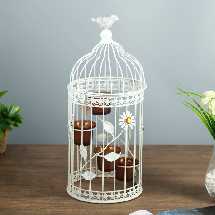 Подсвечник металл на 4 свечи "Клетка с птицей и бабочкой" белый 42,5х19х19 см