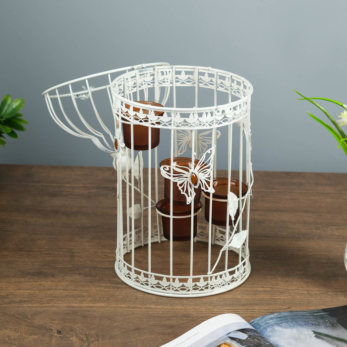 Подсвечник металл на 4 свечи "Клетка с птицей и бабочкой" белый 42,5х19х19 см