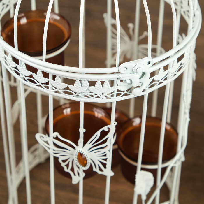 Подсвечник металл на 4 свечи "Клетка с птицей и бабочкой" белый 42,5х19х19 см