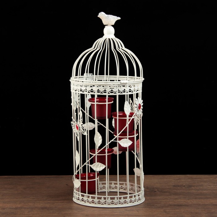 Подсвечник металл на 5 свечей "Клетка с птицей и бабочкой" белый 47,5х19х19 см