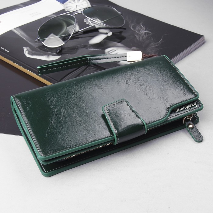 Кошелёк женский, 4 отдела, для карт, для монет, с ручкой, цвет зелёный