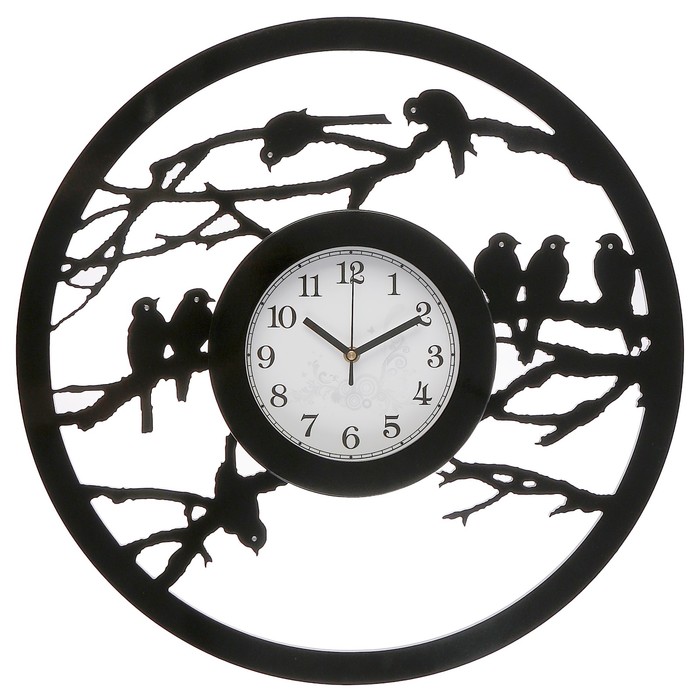 Часы настенные, серия Глянец «Снегири на веточке», стразы, МДФ, чёрные, d=55 см