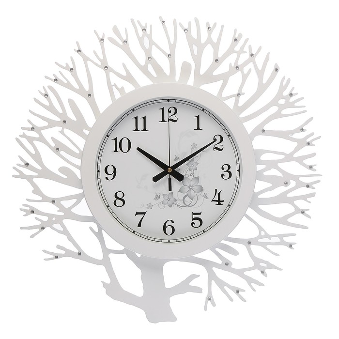 Часы настенные, серия Глянец «Зимний куст», стразы, МДФ, белые, 55х55 см