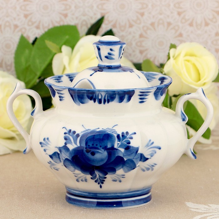 Сахарница "Орхидея", гжель, фарфор, 2с