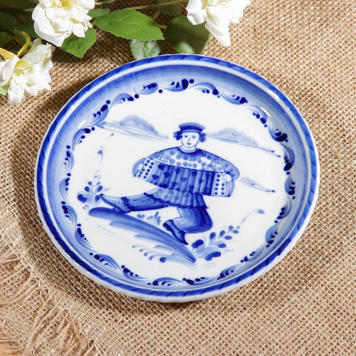 Блюдо "Праздничное", малое, сюжет, гжель, фарфор, 1с