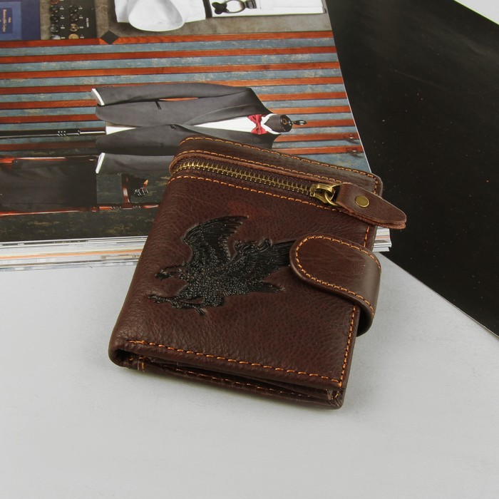 Портмоне мужское, 3 отдела, для карт, для монет, наружный карман, цвет коричневый