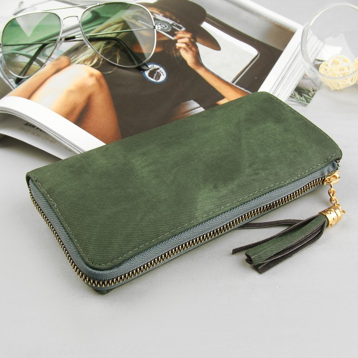 Кошелёк женский, 4 отдела, для карт, для монет на молнии, джинс зелёный