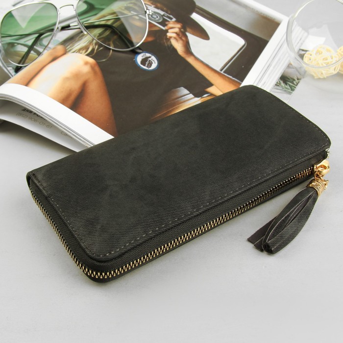 Кошелёк женский, 4 отдела, для карт, для монет на молнии, джинс чёрный