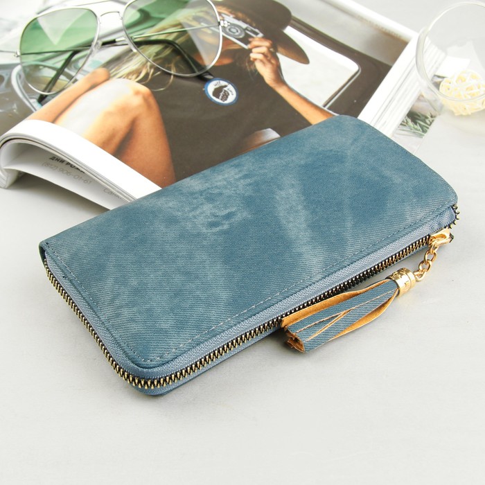 Кошелёк женский, 4 отдела, для карт, для монет на молнии, джинс синий