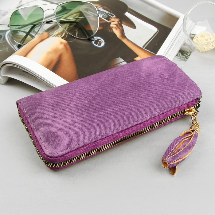 Кошелёк женский, 4 отдела, для карт, для монет на молнии, джинс фиолетовый