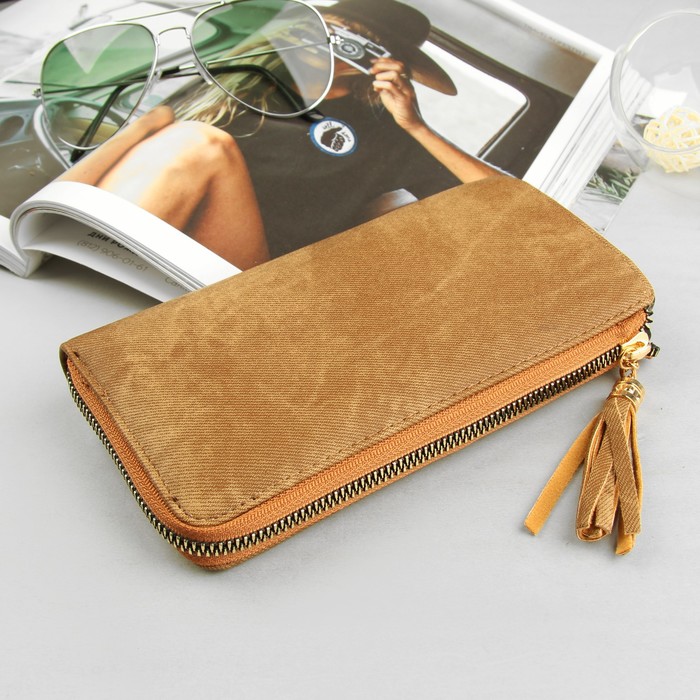 Кошелёк женский, 4 отдела, для карт, для монет на молнии, джинс рыжий