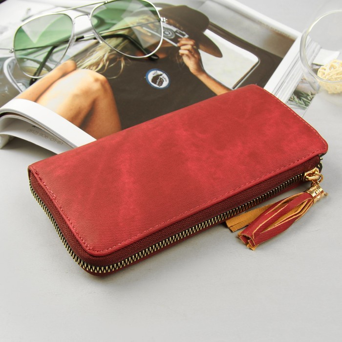 Кошелёк женский, 4 отдела, для карт, для монет на молнии, джинс красный
