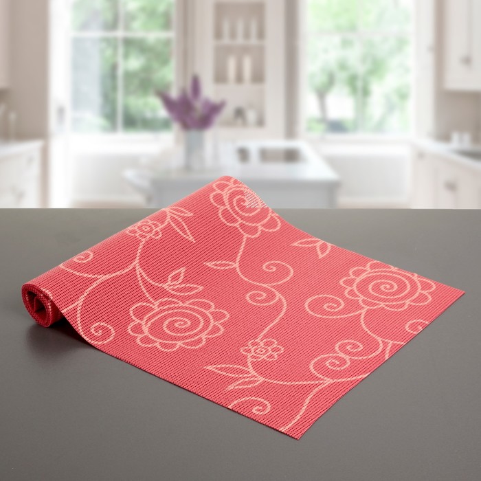 Коврик противоскользящий "Вьющиеся цветы" 30х90 см, цвет красный