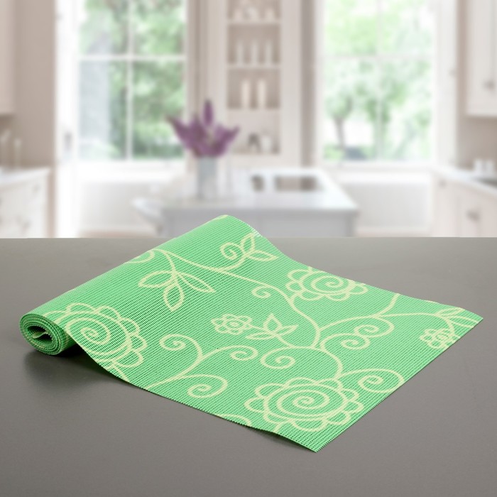 Коврик противоскользящий "Вьющиеся цветы" 30х150 см, цвет зелёный