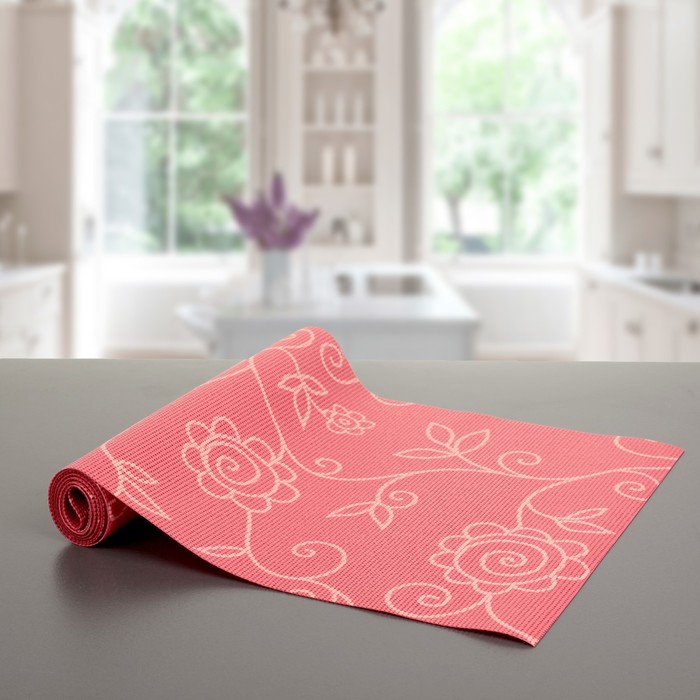 Коврик противоскользящий "Вьющиеся цветы" 30х150 см, цвет красный