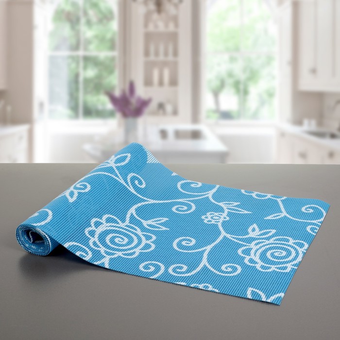 Коврик противоскользящий "Вьющиеся цветы" 30х150 см, цвет синий