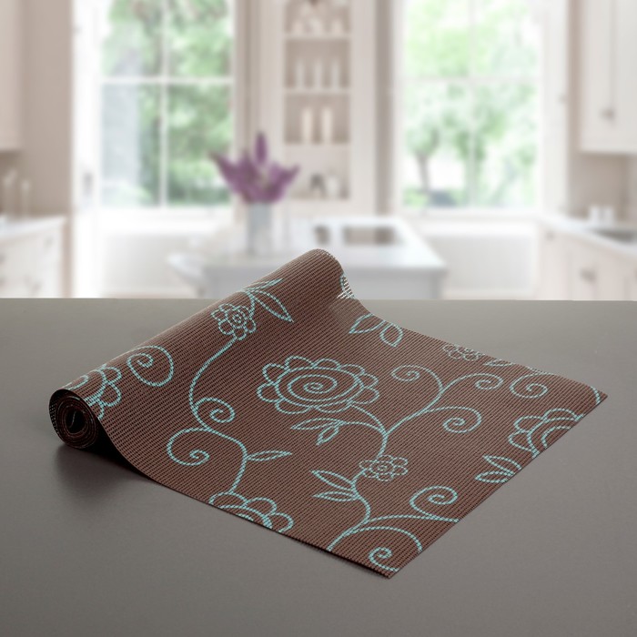 Коврик противоскользящий "Вьющиеся цветы" 30х150 см, цвет коричневый