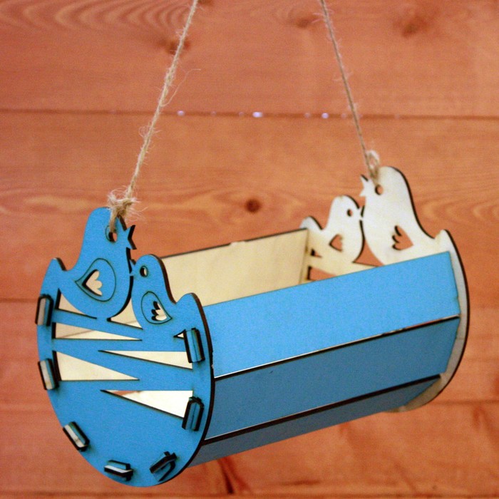 Ящик под цветы "Птички", полукруглый, ручка-шнур, голубой, 15,2х22х14,5см