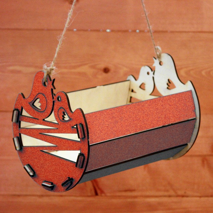 Ящик под цветы "Птички", полукруглый, ручка-шнур, красный, 15,2х22х14,5см