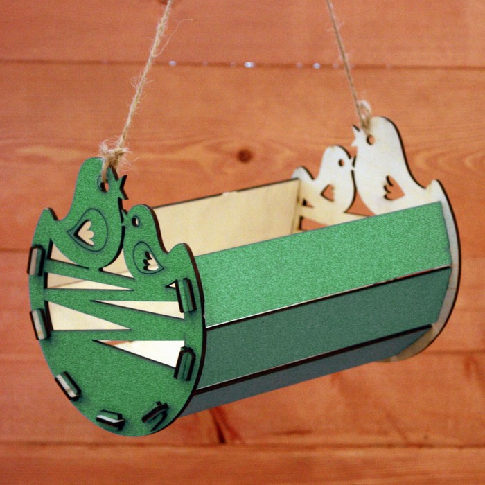 Ящик под цветы "Птички", полукруглый, ручка-шнур, зелёный, 15,2х22х14,5см