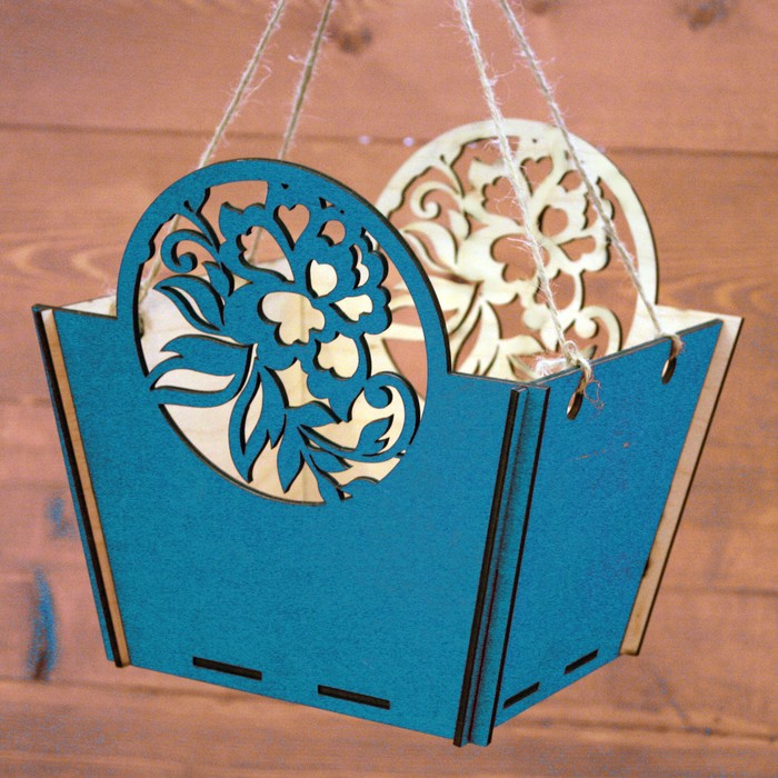 Ящик под цветы "Узорный", ручка-шнур, голубой, 19,5х19,7х18,8см