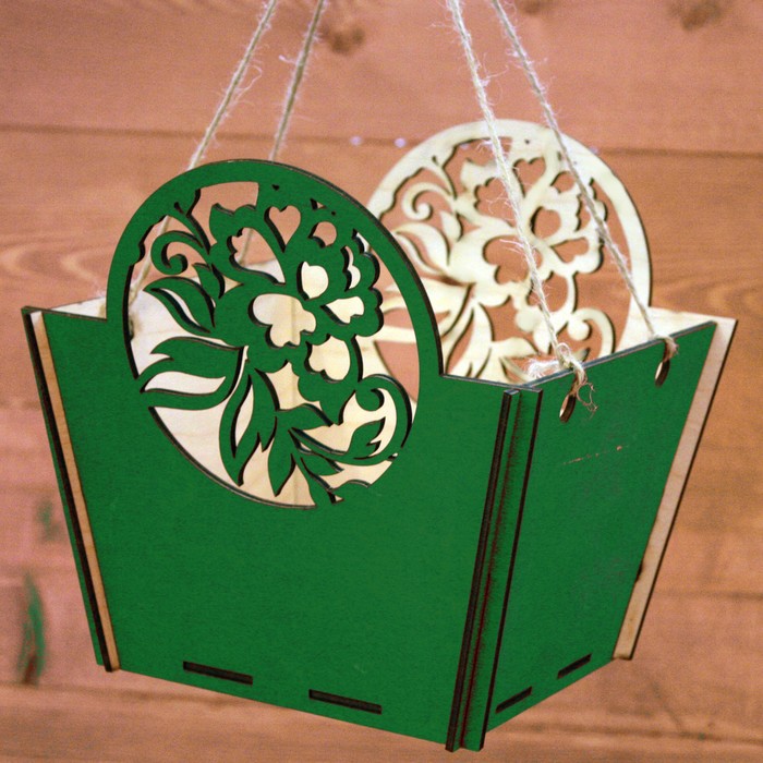 Ящик под цветы "Узорный", ручка-шнур, зелёный, 19,5х19,7х18,8см