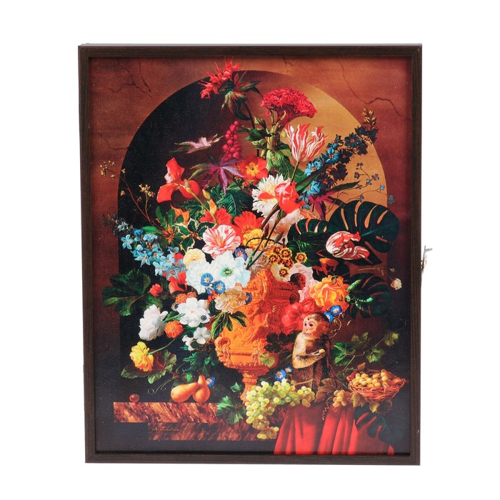 Ключница "Натюрморт с обезьянкой, цветами и фруктами" 20х25х5 см