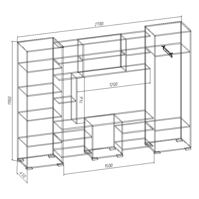 Гостиная Габриэла, 2700 × 450 × 1900, Ясень шимо светлый/Ясень шимо темный