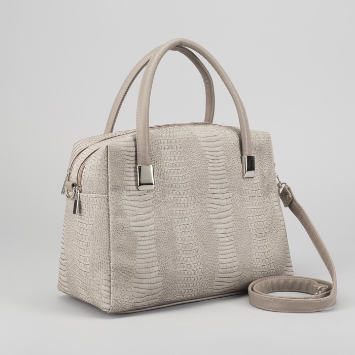 Сумка женская, 2 отдела на молниях, длинный ремень, цвет светло-серый