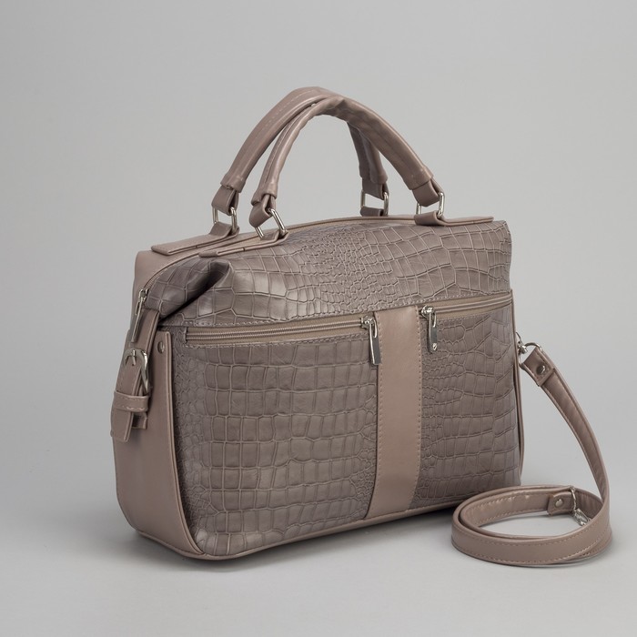 Сумка женская, отдел на молнии, 3 наружных кармана, длинный ремень, цвет серо-бежевый